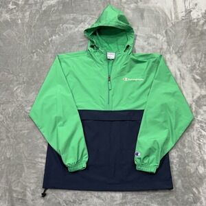 Champion Jacket Mens Small Green Blue Windbreaker Lightweight‎ Hooded Half Zip
